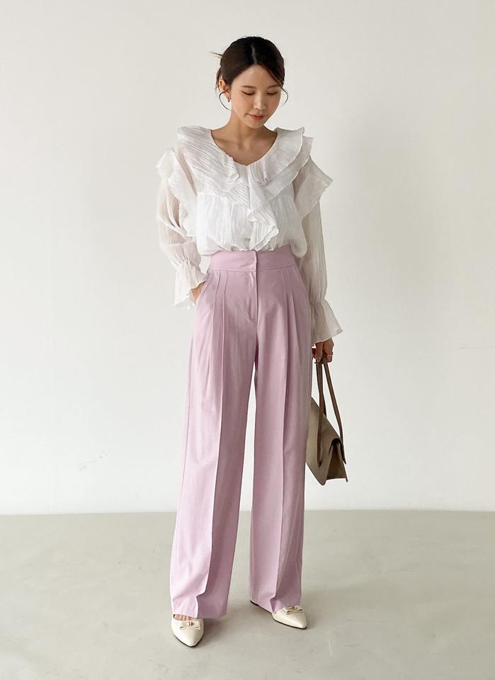 リネン混ストレートスラックス・t00660 レディース 【pt】 韓国ファッション ボトムス パンツ ロング丈 フルレングス ハイウエスト リネン混 ストレート ゆったり 無地 オフィスカジュアル モード シンプル 大人 春 夏 カジュアル