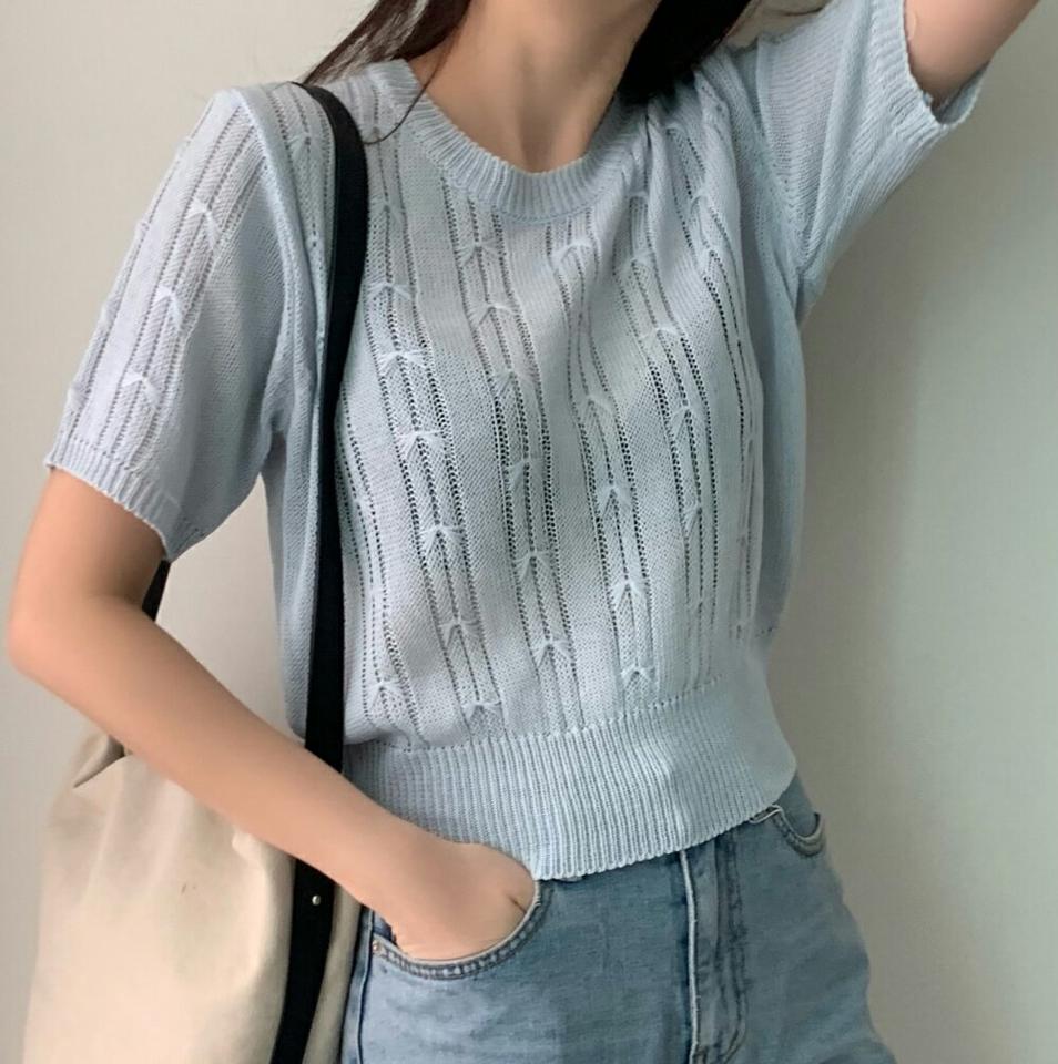 ラウンドネック半袖リブニット・p004746 レディース 【tops】トップス ニット 半袖 単色 無地 シンプル ベーシック ラウンドネック リブ パステル 春 夏 かわいい 可愛い サマーニット 韓国ファッション MKT