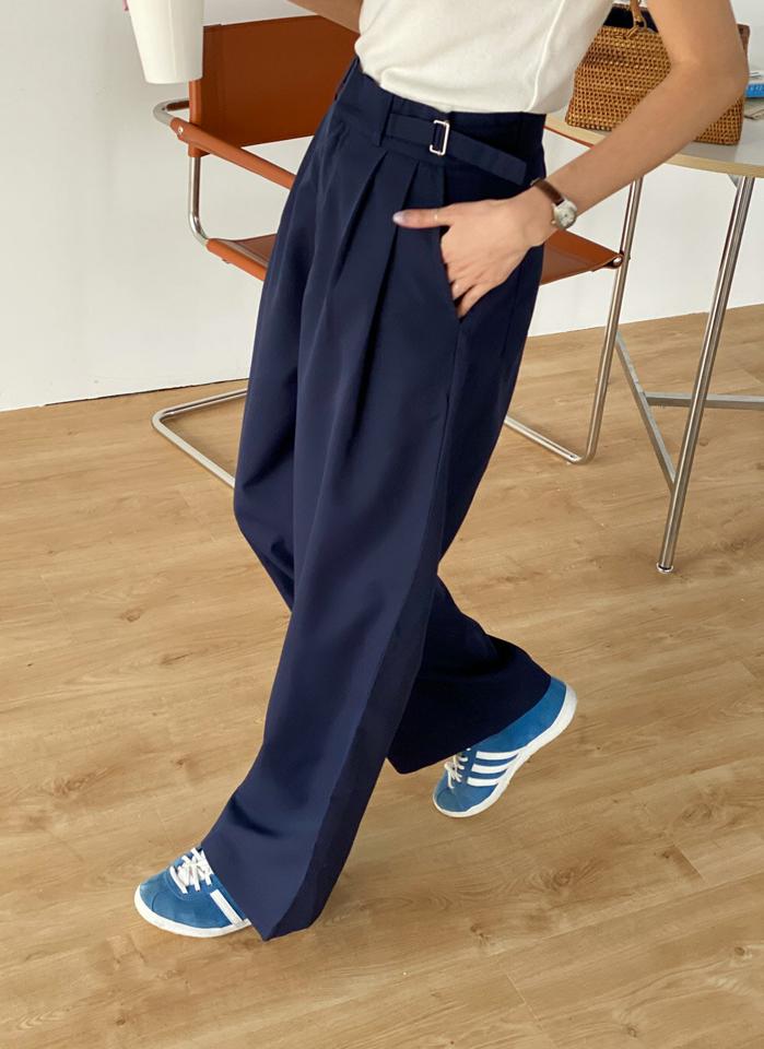 サイドベルトタックスラックス・t00498 レディース 【pt】 韓国ファッション ボトムス パンツ スラックス ロング丈 フルレングス ハイウエスト サイドベルト タック ワイド ストレート 無地 モード オフィスカジュアル 春 夏 カジュアル