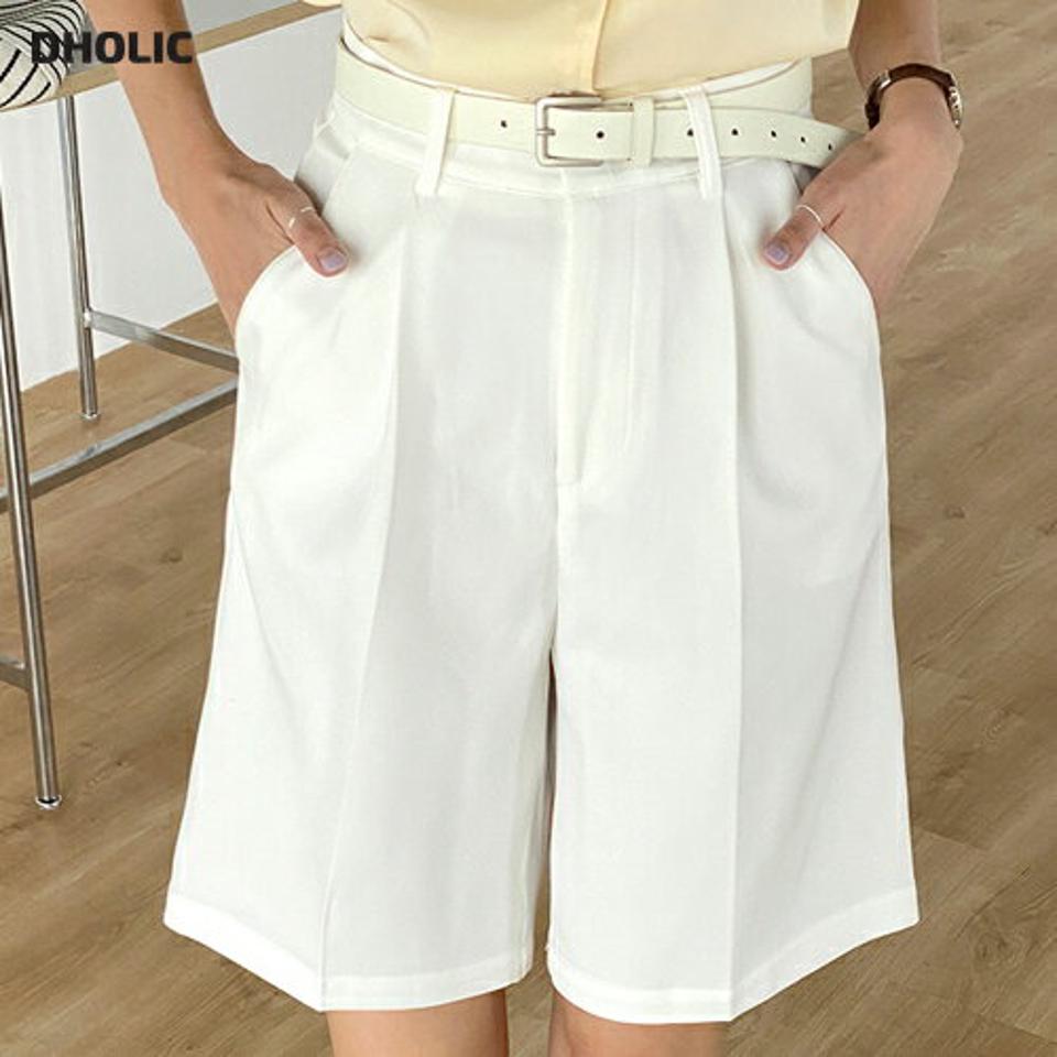 ベルト付ハーフパンツ・t00499 レディース 【pt】 韓国ファッション ボトムス パンツ ハーフ丈 ハイウエスト レザー調ベルト タック ワイド ルーズフィット 無地 スマート シンプル モード 大人カジュアル 春 夏 カジュアル
