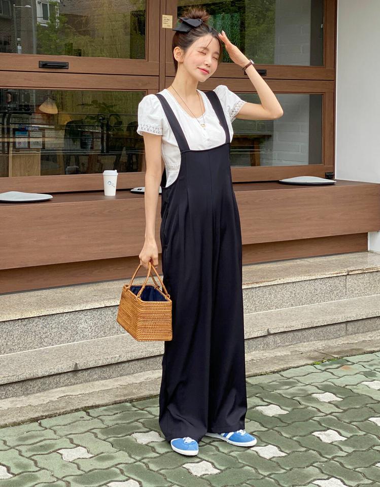 タックワイドオールインワン・r72219 レディース 【pt】 韓国ファッション オールインワン パンツ スクエアネック ノースリーブ タック ロング丈 フルレングス ワイド ポケット 無地 レイヤード キュート 大人 春 夏 カジュアル