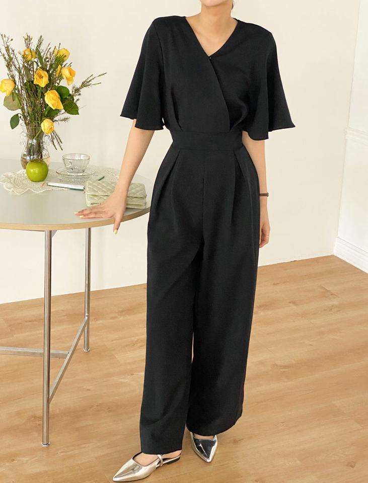 カシュクールリボンオールインワン・b00515 レディース 【pt】 韓国ファッション オールインワン パンツ Vネック カシュクール 半袖 フレアスリーブ ロング丈 フルレングス ワイド 無地 モード 大人カジュアル お出かけ 春 夏 カジュアル