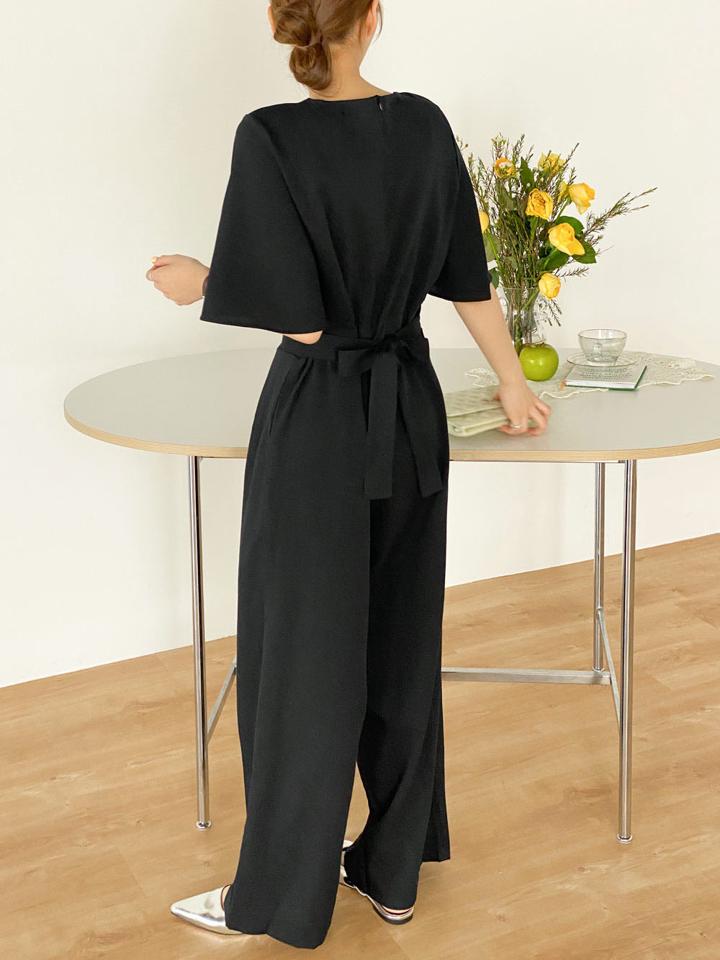 カシュクールリボンオールインワン・b00515 レディース 【pt】 韓国ファッション オールインワン パンツ Vネック カシュクール 半袖 フレアスリーブ ロング丈 フルレングス ワイド 無地 モード 大人カジュアル お出かけ 春 夏 カジュアル