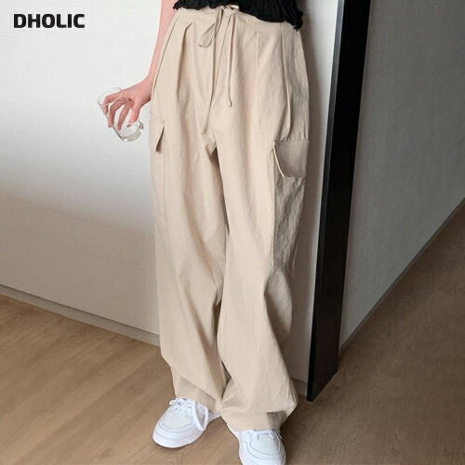 リネン混ストリングカーゴパンツ・p004889 レディース 【pt】 韓国ファッション ボトムス パンツ ロング丈 フルレングス ハイウエスト ストリング リネン混 ワイド ルーズ カーゴポケット 無地 ストリート レトロ シンプル 春 夏 カジュアル MKT