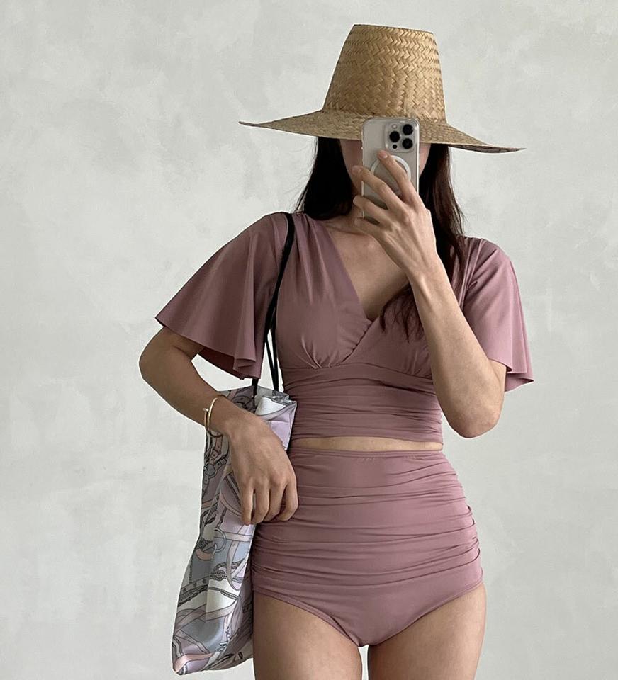 カップ付フレアスリーブギャザービキニ・p004655 レディース 【bw】 韓国ファッション 水着 スイムウェア ビキニ セット バントゥビキニ カシュクール 半袖 フレアスリーブ ギャザー パンツ 三角 ハイウエスト 体型カバー 海 カジュアル MKT