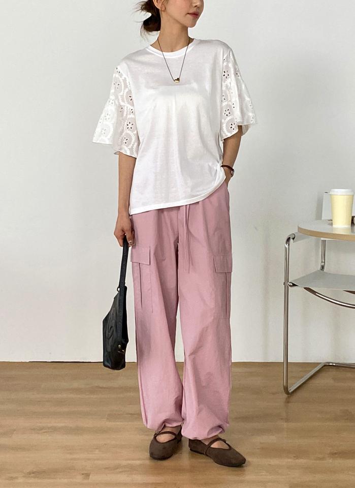 レースフレアスリーブTシャツ・t72205 レディース 【tops】 韓国ファッション トップス Tシャツ ラウンドネック 半袖 6分袖 レース フレアスリーブ ボリューム クロップド コットン 綿100 ガーリー お出かけ ユニーク 春 夏 カジュアル