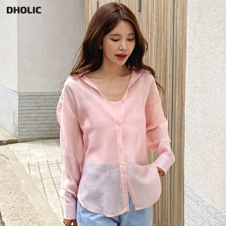 ニットキャミ&シアーシャツSET・b00721 レディース 【tops】 韓国ファッション アンサンブル ニット キャミソール ハートネック クロップド タイト シャツ カラーネック 長袖 ミドル丈 シアー ルーズフィット 無地 デイリー 春 夏 カジュアル