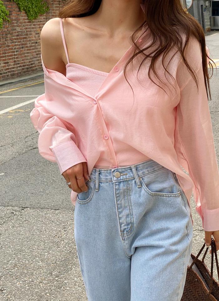 ニットキャミ&シアーシャツSET・b00721 レディース 【tops】 韓国ファッション アンサンブル ニット キャミソール ハートネック クロップド タイト シャツ カラーネック 長袖 ミドル丈 シアー ルーズフィット 無地 デイリー 春 夏 カジュアル