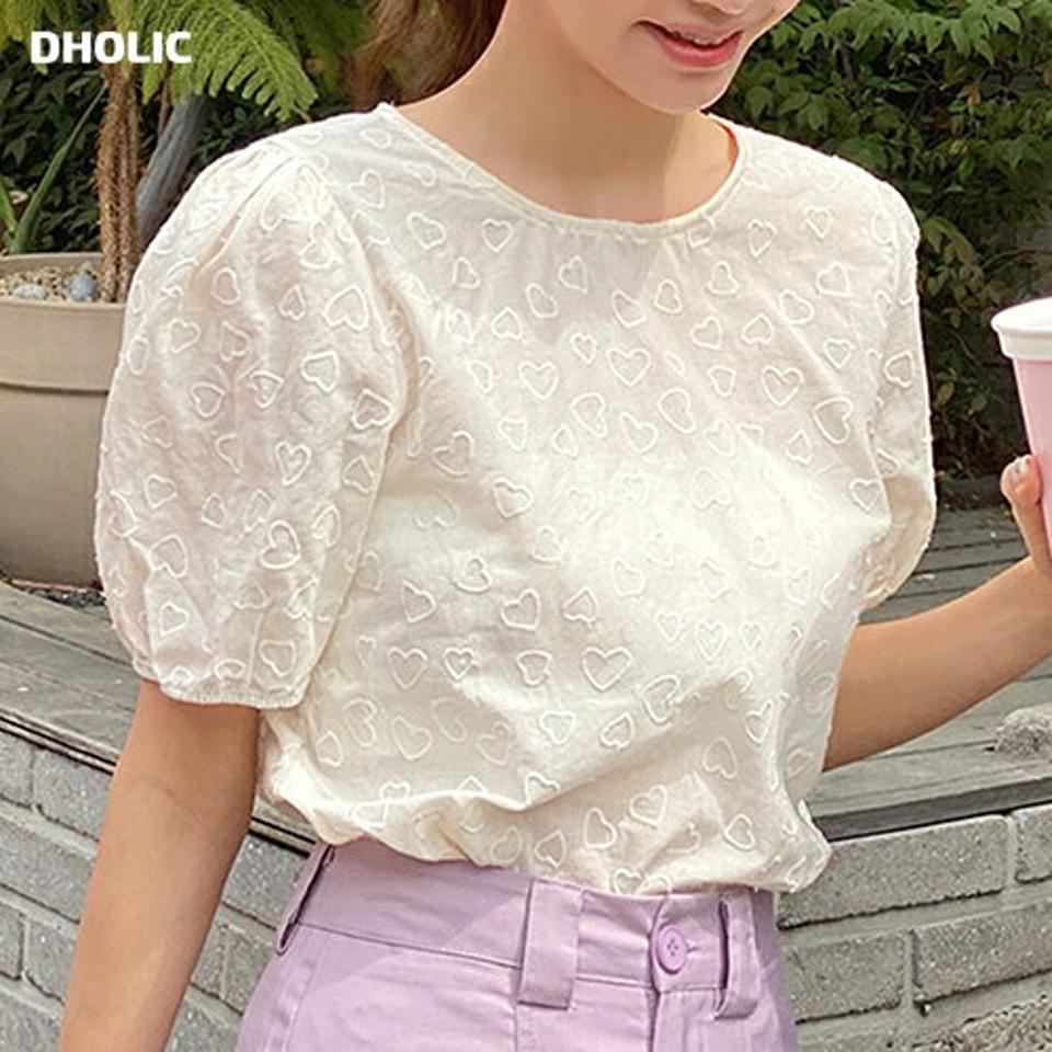 ハート刺繍バックリボンブラウス・b00724 レディース 【bl】 韓国ファッション トップス ブラウス ラウンドネック 半袖 パフスリーブ クロップド ハート刺? バックリボン ボリューム ゆったり ラブリー モード 春 夏 カジュアル