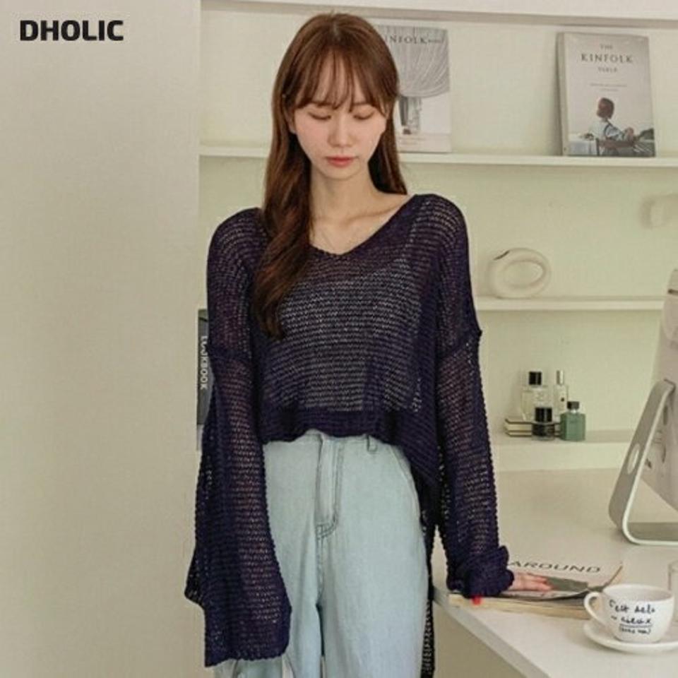 シアーVネックニット・p004711 レディース 【tops】 韓国ファッション トップス ニット Vネック 長袖 ミドル丈 ドロップショルダー サイドスリット ルーズフィット シアー 透け感 無地 フェミニン デイリー 春 夏 カジュアル MKT