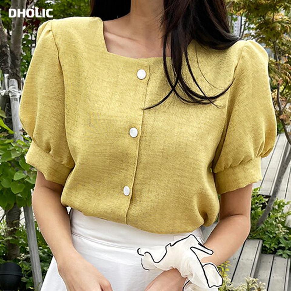 【マラソン特価】ダイアネックパフブラウス・t01106 レディース 【bl】 韓国ファッション トップス ブラウス ダイアネック 半袖 パフスリーブ フロントボタン ボリューム ナチュラルライン 無地 オフィスカジュアル ガーリー 春 夏 カジュアル