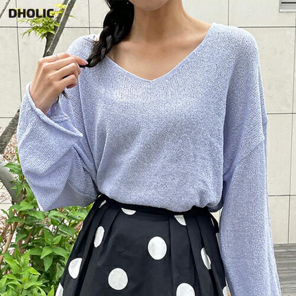 Vネックルーズロールニット・t01112 レディース 【tops】 韓国ファッション トップス ニット Vネック 長袖 ドロップショルダー 股丈 アクリル ルーズフィット ゆったり 無地 カラバリ パステル シンプル デイリー 春 夏 秋 カジュアル