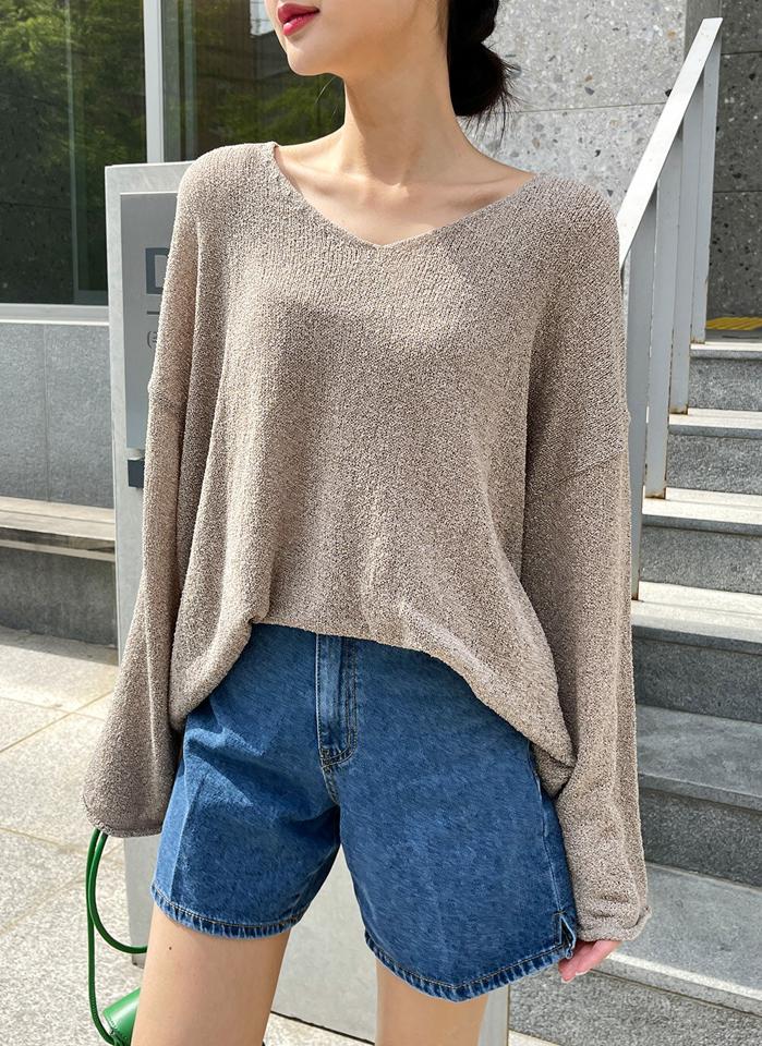 Vネックルーズロールニット・t01112 レディース 【tops】 韓国ファッション トップス ニット Vネック 長袖 ドロップショルダー 股丈 アクリル ルーズフィット ゆったり 無地 カラバリ パステル シンプル デイリー 春 夏 秋 カジュアル
