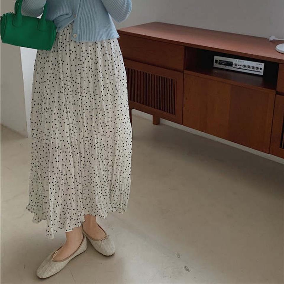 スカート レディース ボトムス ロングスカート ロング丈 春 夏 水玉 ドット柄 ひざ下 総柄 フレアスカート プリーツスカート ウエストゴム 裏地 ドット柄スカート ゆったり 楽ちん カジュアル エレガント フェミニン 20代 30代