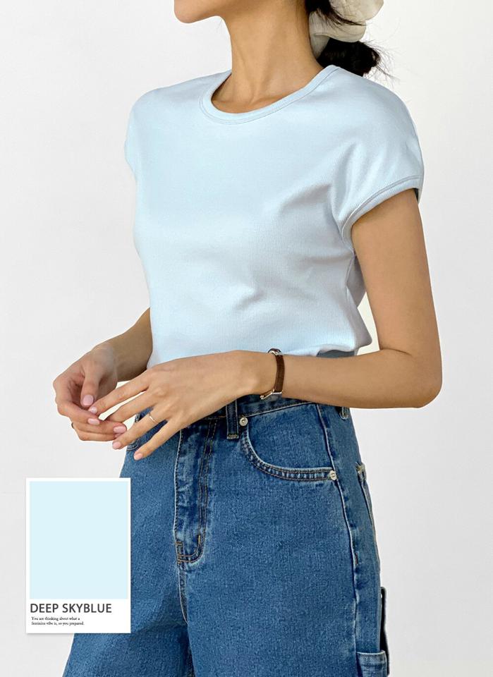 ラウンドフレンチリブTシャツ・b72277 レディース 【tops】 韓国ファッション トップス Tシャツ ラウンドネック 半袖 フレンチスリーブ クロップド スリムフィット ナチュラルライン 無地 シンプル デイリー ベーシック 春 夏 カジュアル