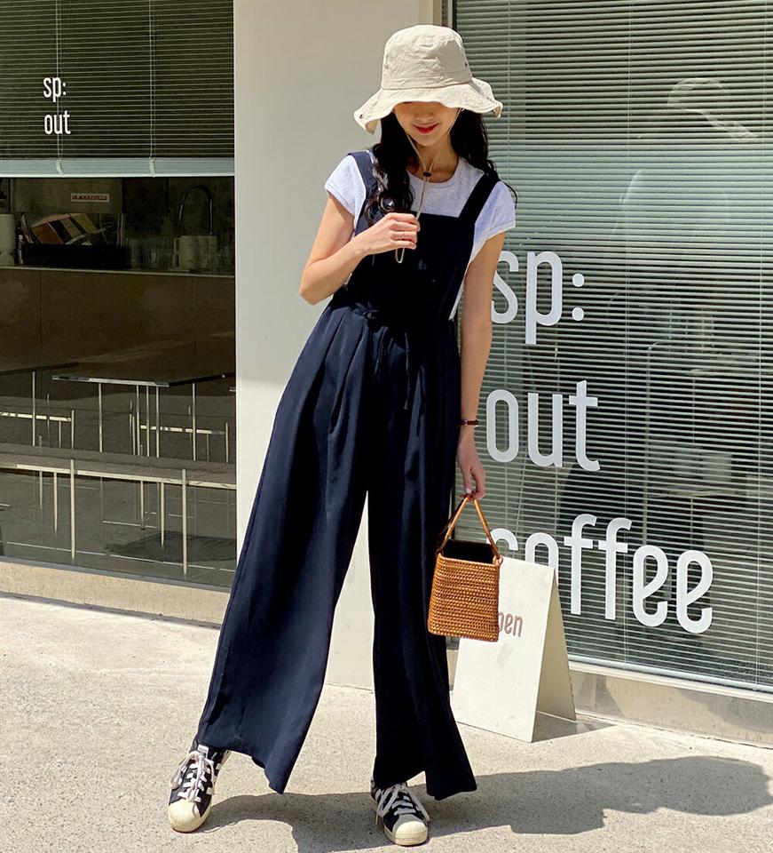 ドロストノースリオールインワン・b72268 レディース 【pt】 韓国ファッション オールインワン パンツ ロング丈 フルレングス スクエアネック ノースリーブ ドロスト ワイド ルーズフィット 無地 モード キュート 春 夏 カジュアル