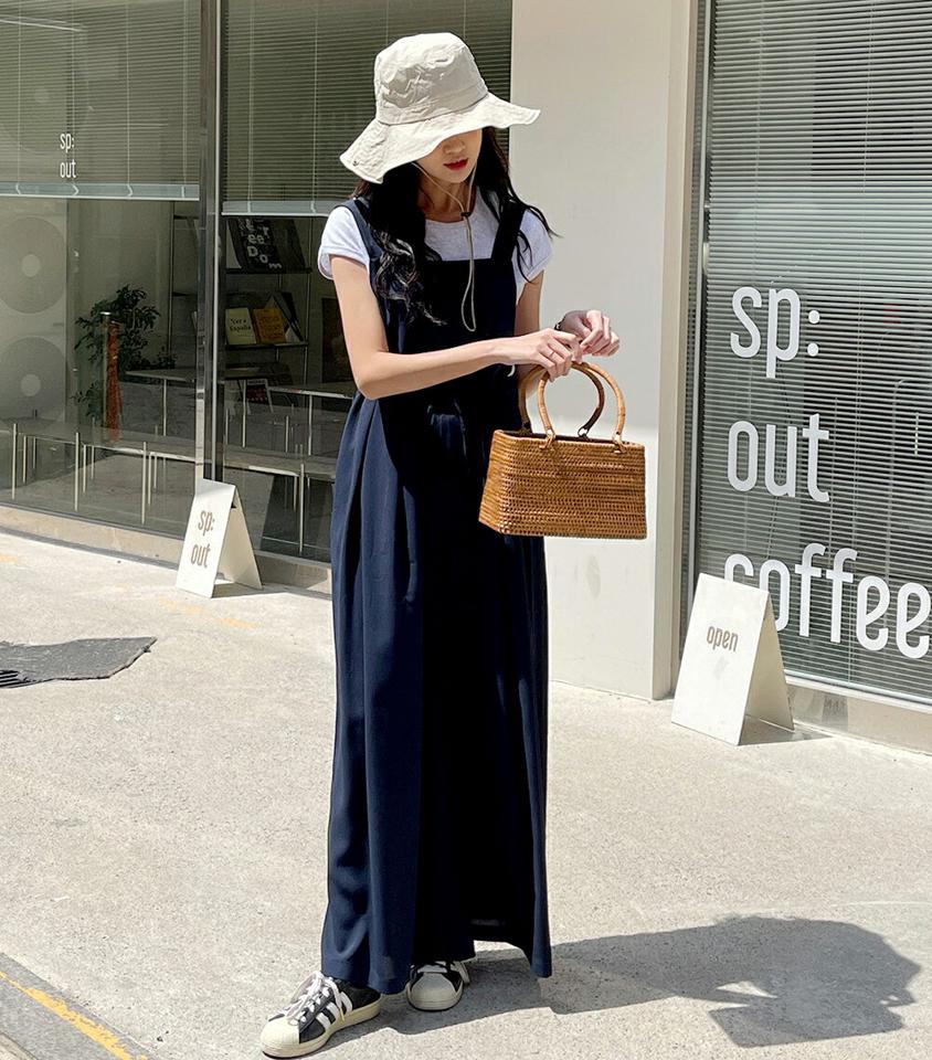 ドロストノースリオールインワン・b72268 レディース 【pt】 韓国ファッション オールインワン パンツ ロング丈 フルレングス スクエアネック ノースリーブ ドロスト ワイド ルーズフィット 無地 モード キュート 春 夏 カジュアル