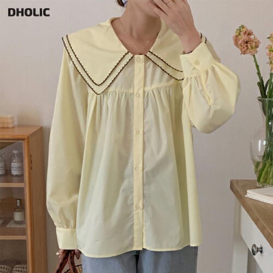 【4DAY限定SALE】配色カラーギャザーブラウス・p005057 レディース 【bl】 韓国ファッション トップス ブラウス カラーネック ダブルカラー 長袖 ミドル丈 ギャザー フレア ゆったり 配色 コットン 綿100 無地 ガーリー キュート 春 秋 カジュアル MKT