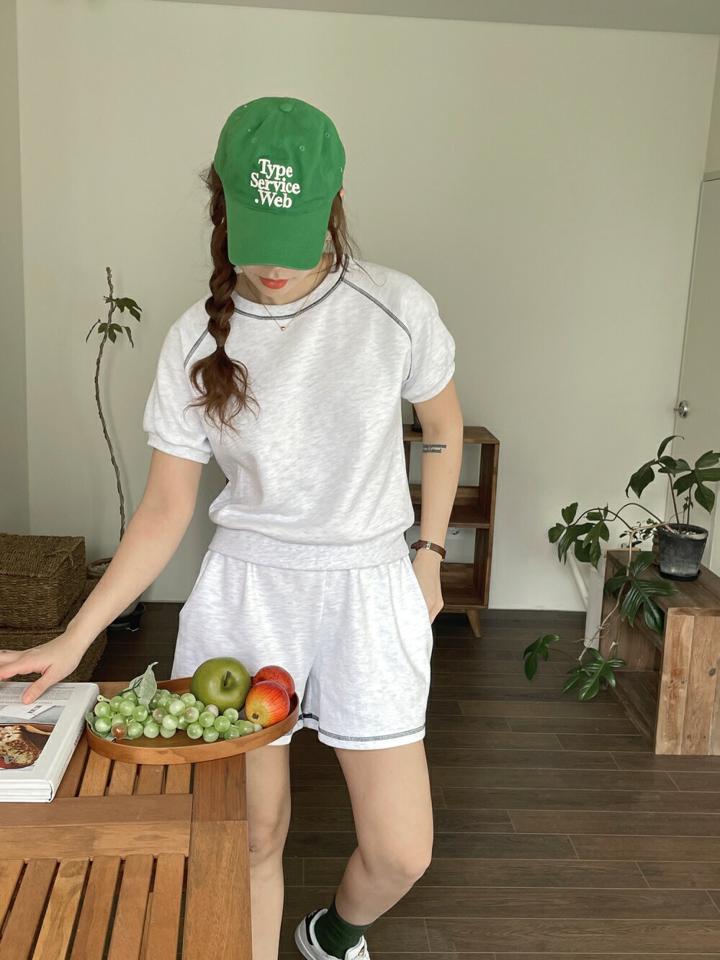 ステッチ半袖スウェット&ショートパンツSET・p005091 レディース 【pt】 韓国ファッション セットアップ スウェット トレーナー 半袖 ラグランスリーブ ステッチ ゆったり パンツ ショート丈 ウエストゴム ワイド 無地 春 夏 カジュアル MKT