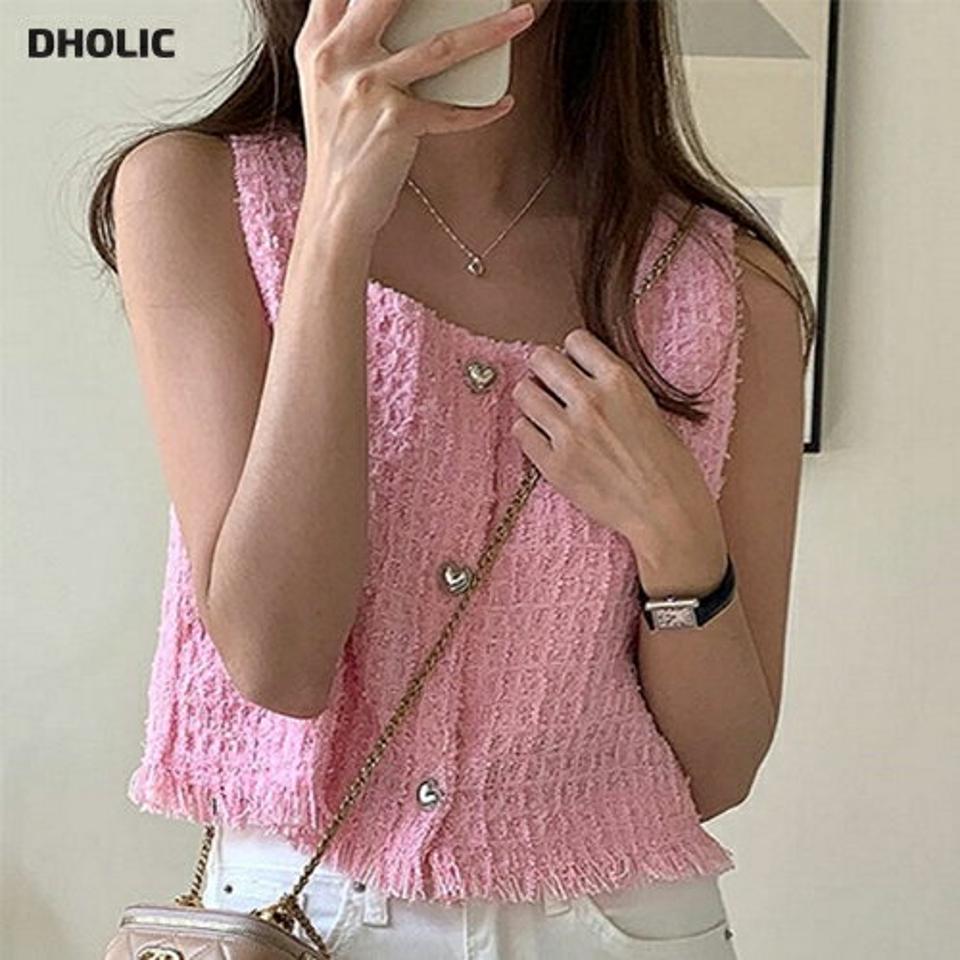ツイードハートボタンノースリーブ・p005080 レディース 【tops】 韓国ファッション トップス スクエアネック ノースリーブ クロップド ショート丈 ツイード フリンジ ハートボタン パステル ガーリー キュート お出かけ 春 夏 カジュアル MKT