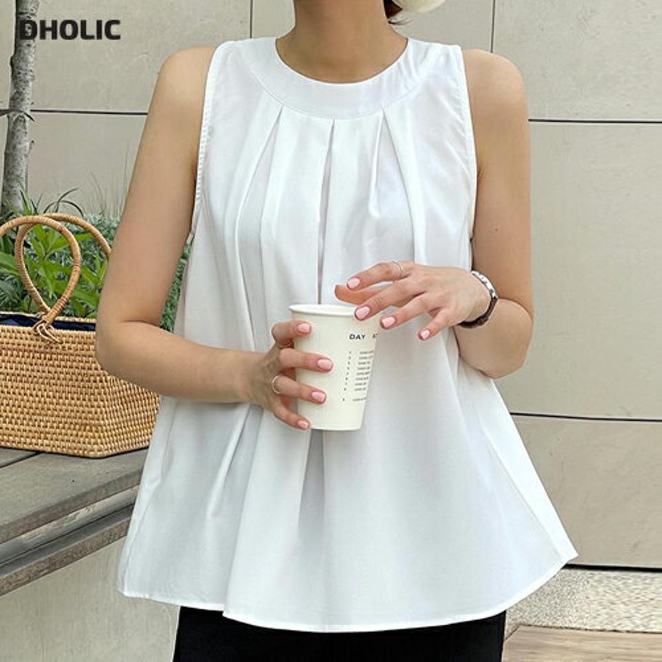 タックラウンドノースリーブ・b00550 レディース 【tops】 韓国ファッション トップス ラウンドネック ノースリーブ 股丈 ミドル丈 タック フレア Aライン 台形 無地 シンプル デイリー 大人カジュアル ガーリー 春 夏 カジュアル