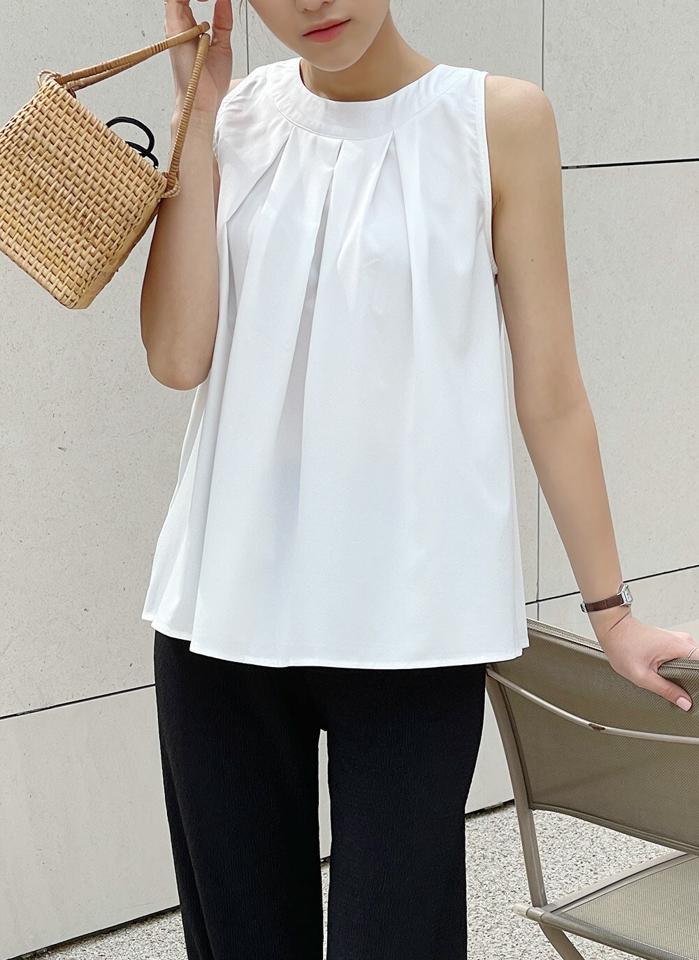 タックラウンドノースリーブ・b00550 レディース 【tops】 韓国ファッション トップス ラウンドネック ノースリーブ 股丈 ミドル丈 タック フレア Aライン 台形 無地 シンプル デイリー 大人カジュアル ガーリー 春 夏 カジュアル
