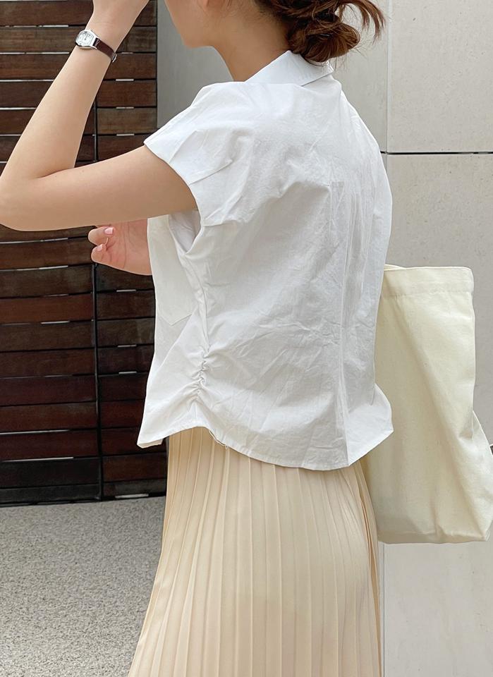 ダブルジップフレンチシャツ・t00555 レディース 【bl】 韓国ファッション トップス シャツ カラーネック 半袖 フレンチスリーブ クロップド ダブルジップ ワンポケット コットン 無地 ガーリー モード デイリー 春 夏 カジュアル