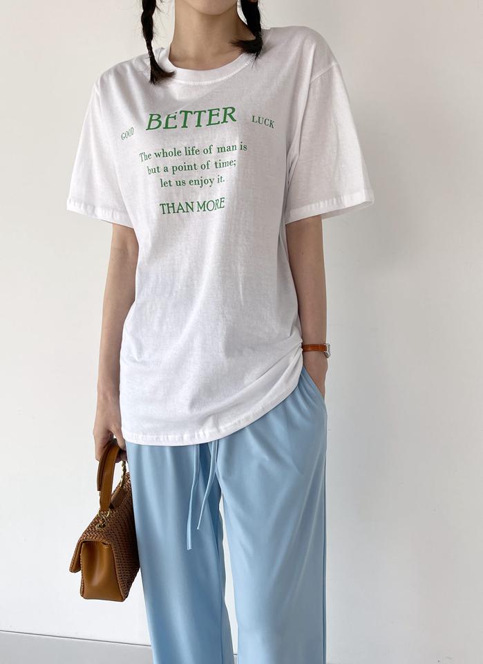 BETTERラウンド半袖Tシャツ・00792 レディース 【tops】 韓国ファッション トップス Tシャ ロゴT ロゴ ラウンドネック 半袖 ミドル丈 レタリング 英字 英文 プリント ルーズフィット ゆったり コットン 綿100 シンプル デイリー 春 夏 カジュアル
