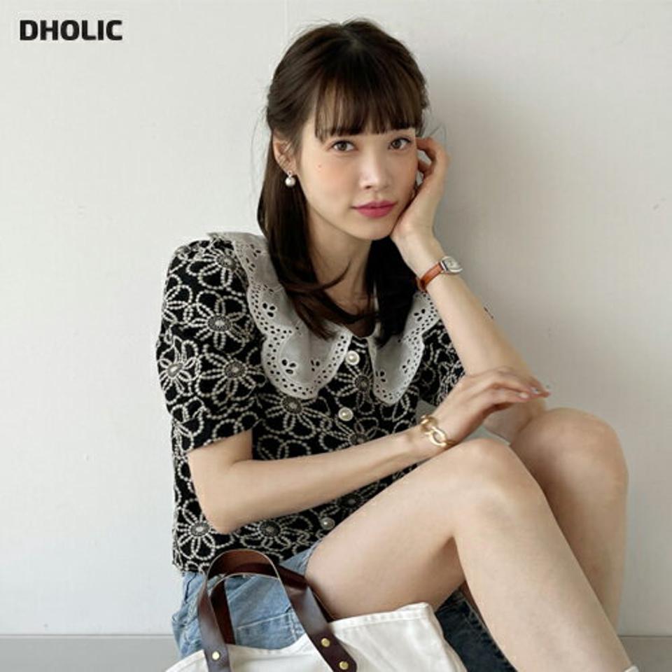 レースカラー花柄刺繍ブラウス・t00817 レディース 【bl】 韓国ファッション トップス ブラウス カラーネック レースカラー 半袖 パフスリーブ 花柄 フラワー 刺? ボリューム キュート お出かけ 大人 ラブリー 春 夏 カジュアル