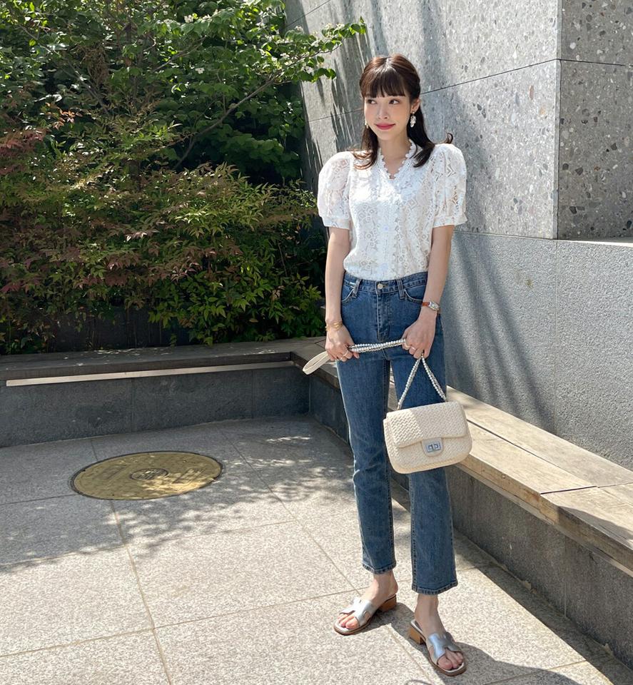 Vネックレースボタンパフブラウス・b00819 レディース 【bl】 韓国ファッション トップス ブラウス Vネック 半袖 パフスリーブ レース フロントボタン シアー 透け感 ボリューム ロマンチック ラブリー お出かけ 春 夏 カジュアル