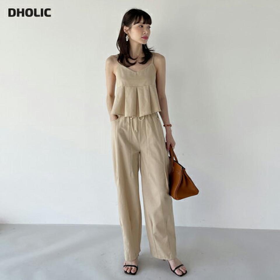 リネン混タックキャミ&ストリングパンツSET・t00825 レディース 【pt】 韓国ファッション セットアップ キャミソール Vネック タック ペプラム リネン混 パンツ ストリング ロング丈 ストレート ワイド 無地 ガーリー お出かけ 春 夏 カジュアル