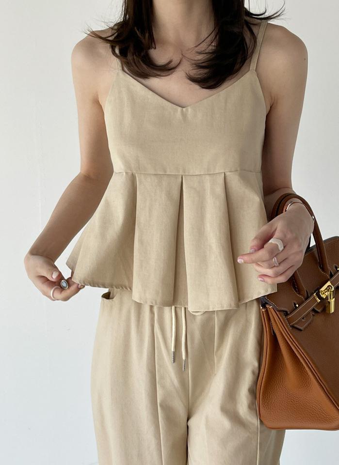 リネン混タックキャミ&ストリングパンツSET・t00825 レディース 【pt】 韓国ファッション セットアップ キャミソール Vネック タック ペプラム リネン混 パンツ ストリング ロング丈 ストレート ワイド 無地 ガーリー お出かけ 春 夏 カジュアル