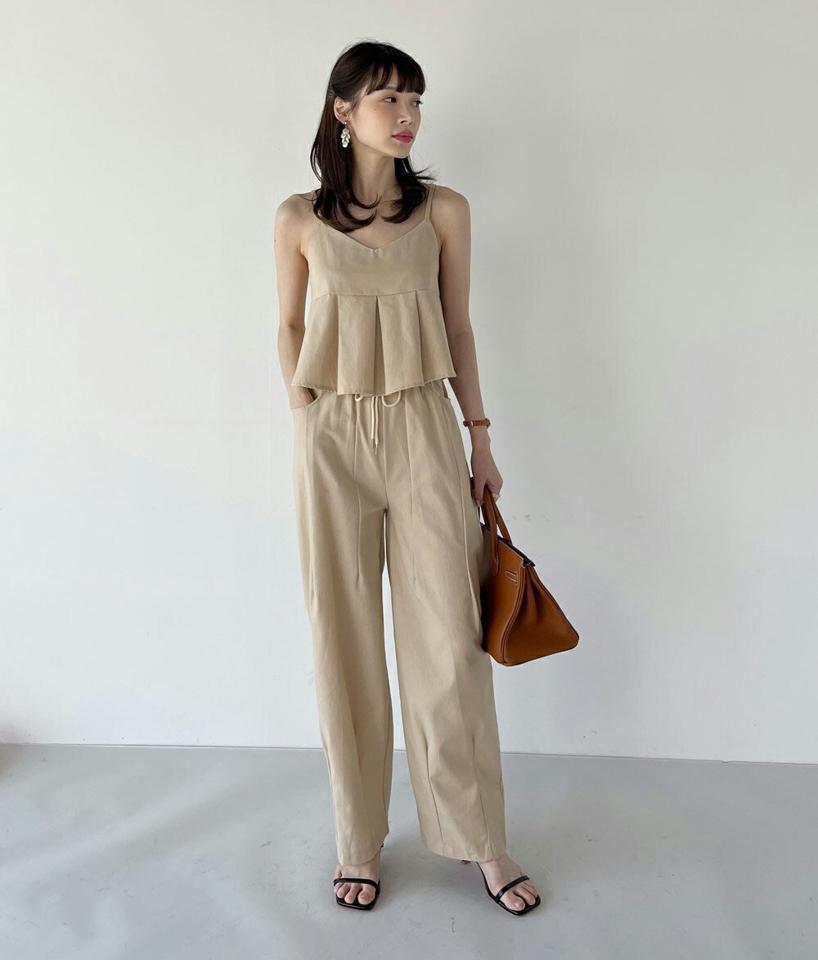 リネン混タックキャミ&ストリングパンツSET・t00825 レディース 【pt】 韓国ファッション セットアップ キャミソール Vネック タック ペプラム リネン混 パンツ ストリング ロング丈 ストレート ワイド 無地 ガーリー お出かけ 春 夏 カジュアル