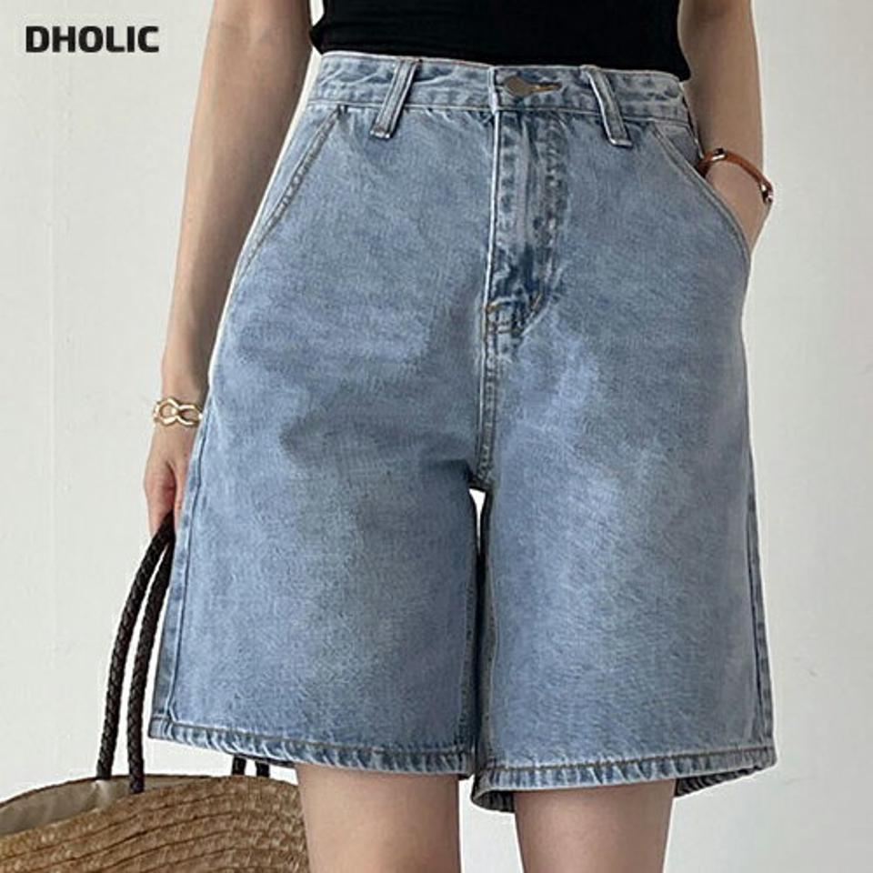 ライトブルーデニムハーフパンツ・t00829 レディース 【pt】 韓国ファッション ボトムス パンツ ハーフ丈 デニムパンツ ハイウエスト ライトブルー ステッチ ワイド ルーズフィット ポケット ウォッシュ 無地 レトロ デイリー 春 夏 カジュアル
