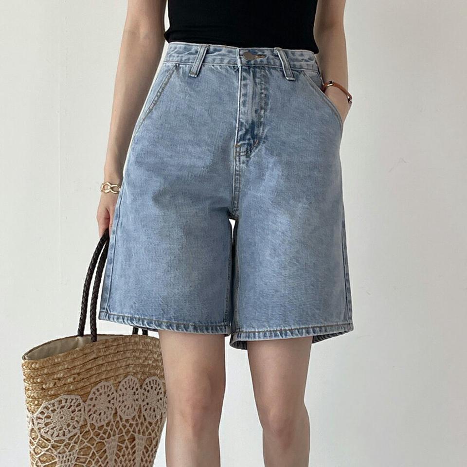 ライトブルーデニムハーフパンツ・t00829 レディース 【pt】 韓国ファッション ボトムス パンツ ハーフ丈 デニムパンツ ハイウエスト ライトブルー ステッチ ワイド ルーズフィット ポケット ウォッシュ 無地 レトロ デイリー 春 夏 カジュアル
