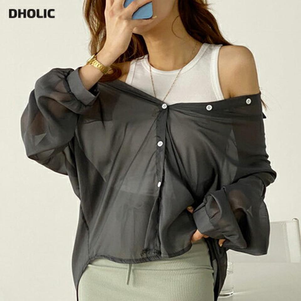 ギャザースリーブシアーシャツ・t00696 レディース 【tops】 韓国ファッション トップス シャツ 長袖 カラーネック シースルー シアー 透け感 ルーズフィット ラウンドヘム ドロップショルダー お出かけ 着回し 春 夏 カジュアル