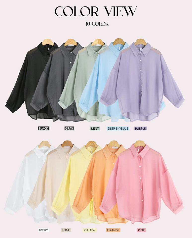 ギャザースリーブシアーシャツ・t00696 レディース 【tops】 韓国ファッション トップス シャツ 長袖 カラーネック シースルー シアー 透け感 ルーズフィット ラウンドヘム ドロップショルダー お出かけ 着回し 春 夏 カジュアル