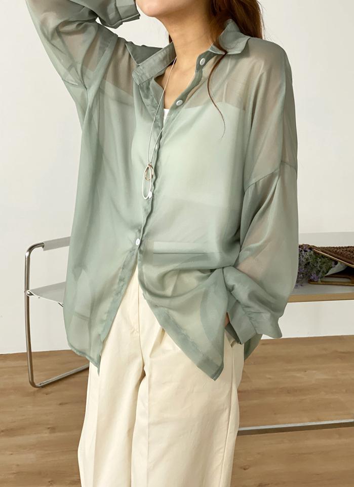 ギャザースリーブシアーシャツ・t00696 レディース 【tops】 韓国ファッション トップス シャツ 長袖 カラーネック シースルー シアー 透け感 ルーズフィット ラウンドヘム ドロップショルダー お出かけ 着回し 春 夏 カジュアル