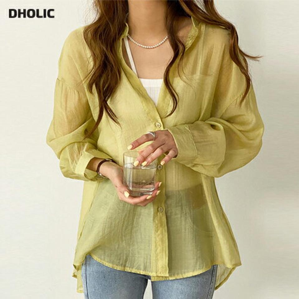 バックリボンシースルーシャツ・r00695 レディース 【tops】 韓国ファッション トップス シャツ 長袖 バックリボン シースルー シアー 透け感 ルーズフィット ラウンドヘム ドロップショルダー お出かけ 着回し 春 夏 カジュアル