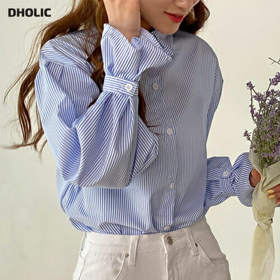 【24Hタイムセール】ストラップスリーブストライプシャツ・b00706 レディース 【tops】 韓国ファッション トップス シャツ 長袖 ストライプ カラーネック ワイド ドロップショルダー ラウンドヘム 大人 爽やか 端正 着回し カジュアル 春 夏 カジュアル
