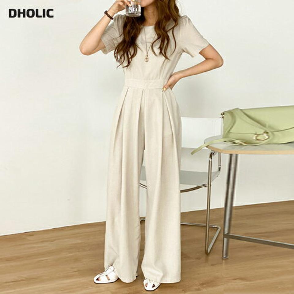 ラウンドボタンオールインワン・t00709 レディース 【pt】 韓国ファッション パンツ ボトムス オールインワン ラウンドネック パフ 半袖 ハイウエスト ワンタック 大人 カジュアル お出かけ レジャー お出かけ 行楽 春 夏 カジュアル