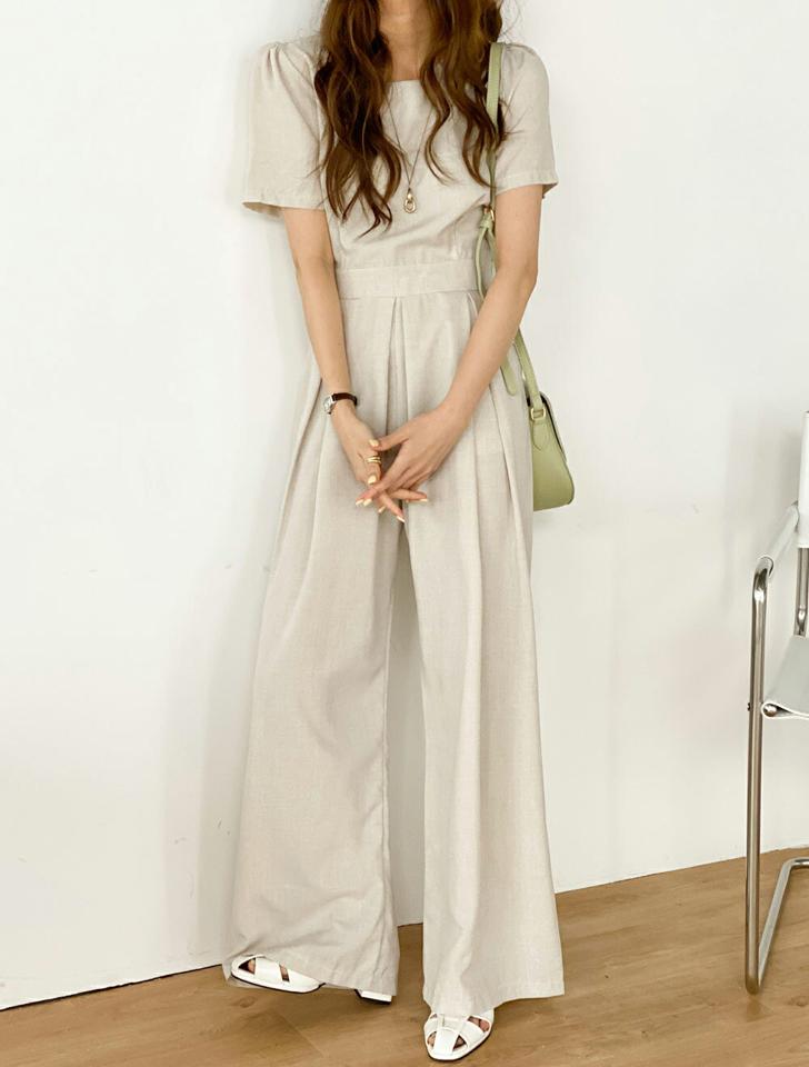 ラウンドボタンオールインワン・t00709 レディース 【pt】 韓国ファッション パンツ ボトムス オールインワン ラウンドネック パフ 半袖 ハイウエスト ワンタック 大人 カジュアル お出かけ レジャー お出かけ 行楽 春 夏 カジュアル