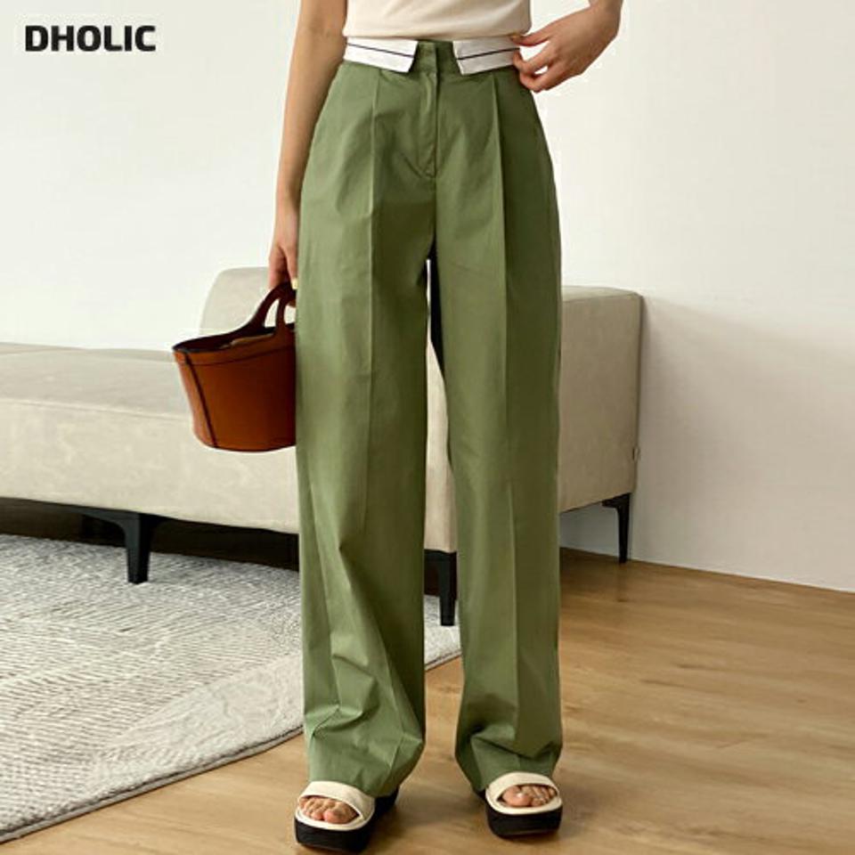 コットンワイドパンツ・t00693 レディース 【pt】 韓国ファッション パンツ ボトムス ロング丈 コットン ワイド ストレート ハイウエスト 折り返し 配色 ライン センタープレス カジュアル モード 春 夏 秋 冬 カジュアル