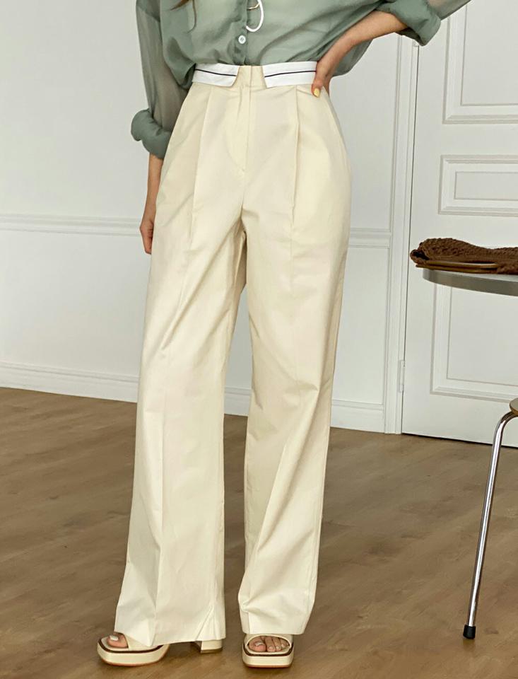 コットンワイドパンツ・t00693 レディース 【pt】 韓国ファッション パンツ ボトムス ロング丈 コットン ワイド ストレート ハイウエスト 折り返し 配色 ライン センタープレス カジュアル モード 春 夏 秋 冬 カジュアル