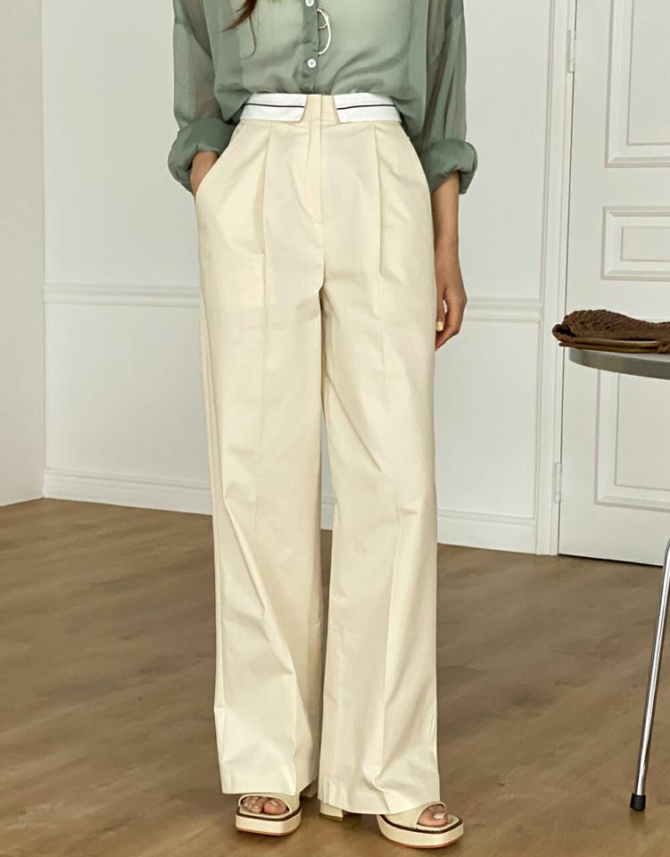 コットンワイドパンツ・t00693 レディース 【pt】 韓国ファッション パンツ ボトムス ロング丈 コットン ワイド ストレート ハイウエスト 折り返し 配色 ライン センタープレス カジュアル モード 春 夏 秋 冬 カジュアル