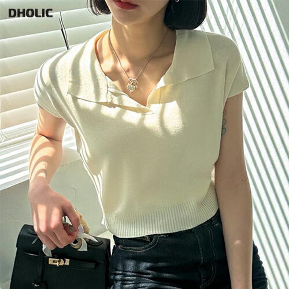 【スーパーセール特価】カラーフレンチスリーブニット・p005086 レディース 【tops】 韓国ファッション トップス ニット カラーネック 半袖 フレンチスリーブ クロップド リブ スリムフィット 細身 アクリル 無地 シンプル デイリー 大人 春 夏 カジュアル MKT