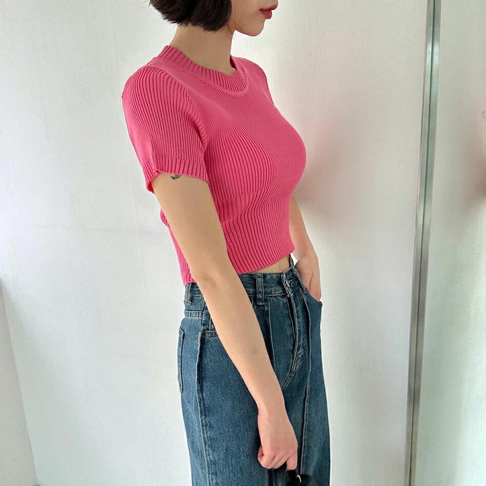 マルチリブスリム半袖ニット・p005084 レディース 【tops】 韓国ファッション トップス ニット ラウンドネック 半袖ニット クロップド マルチリブ スリムフィット タイト 細身 アクリル 無地 ガーリー デイリー 春 夏 カジュアル MKT