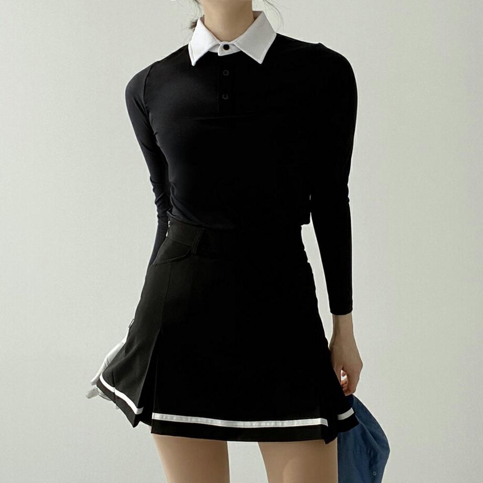 配色カラースリム長袖ポロシャツ・p005031 レディース 【tops】 韓国ファッション トップス ポロシャツ カラーネック 長袖 ショート丈 ハーフボタン 配色 スリムフィット タイト 細身 無地 スポーツ ゴルフウェア GOLFWEAR カジュアル MKT