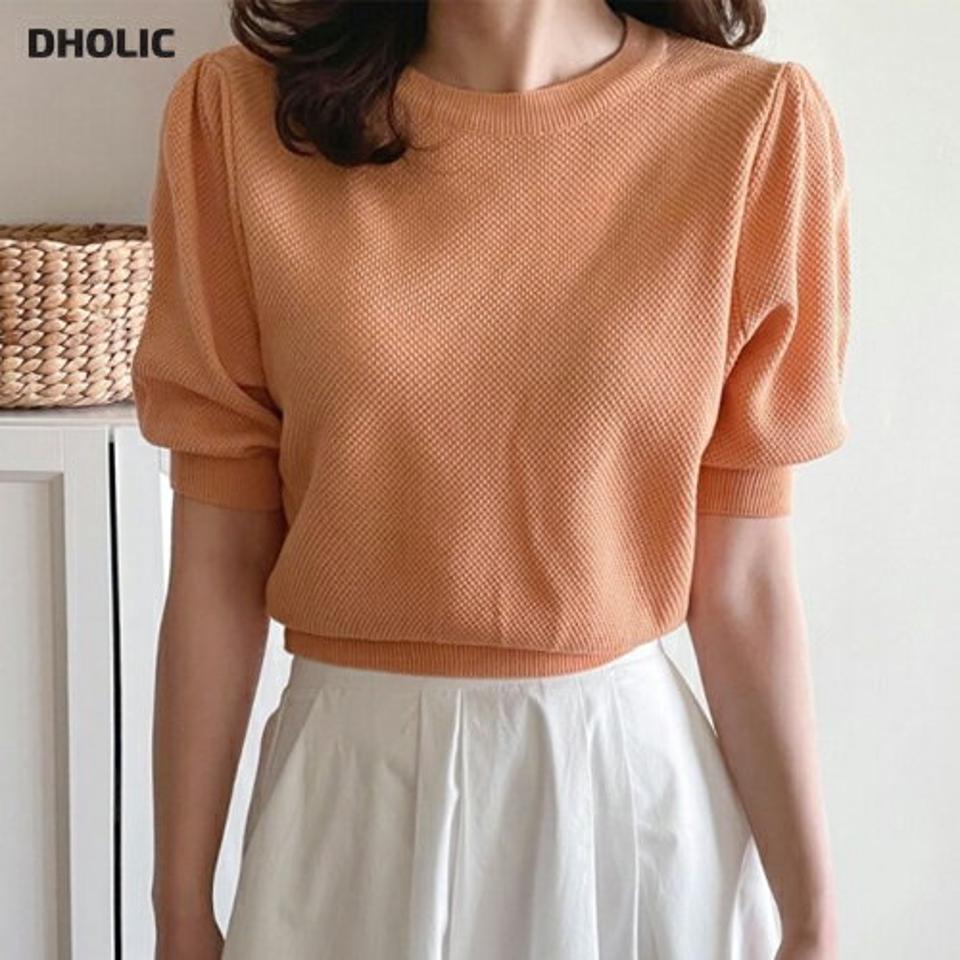 ワッフルパフ半袖ニット・p004997 レディース 【tops】 韓国ファッション トップス ニット ラウンドネック 半袖 パフスリーブ クロップド ショート丈 リブヘム ワッフル ボリューム 無地 パステル シンプル デイリー 春 夏 カジュアル MKT