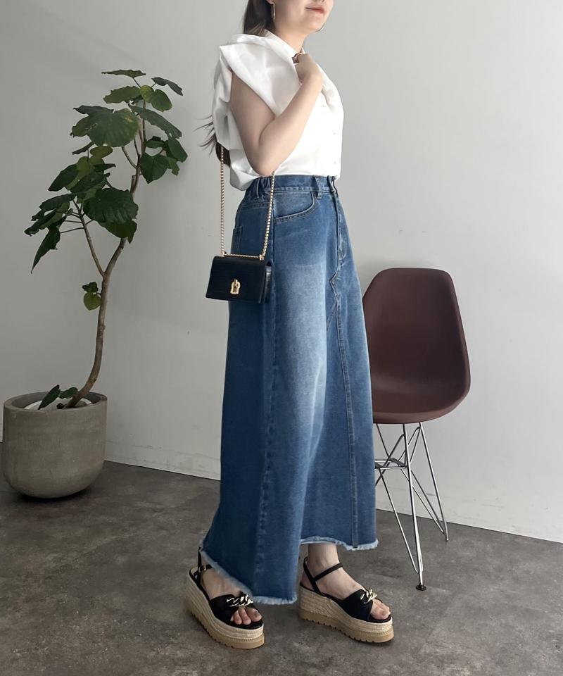 裾フリンジリメイク風デニムフレアスカート